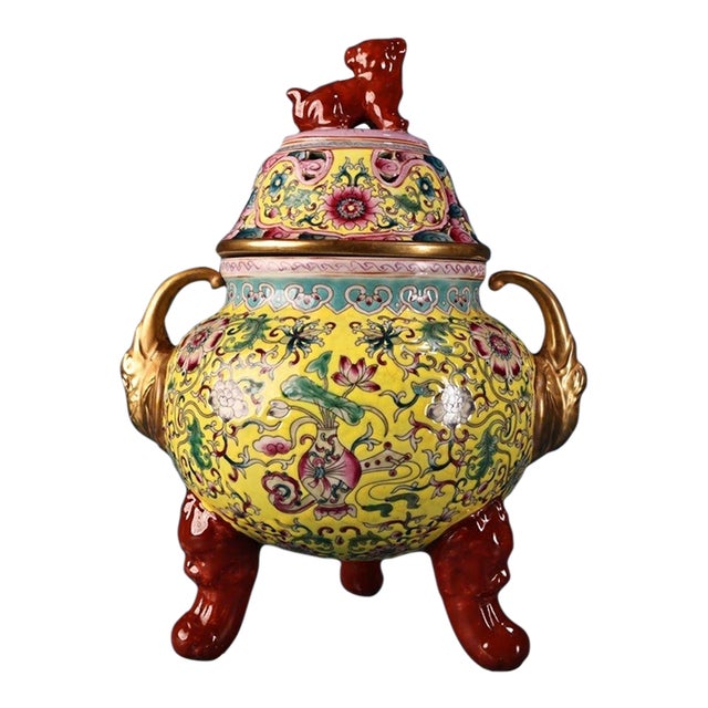 Late 20th Century Yellow Famille Rose Porcelain Censer With Gilt Handles and Lion Finial For Sale