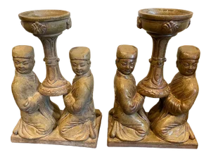 Antique Asian Carved Stone Candleholder Bookends - a Pair