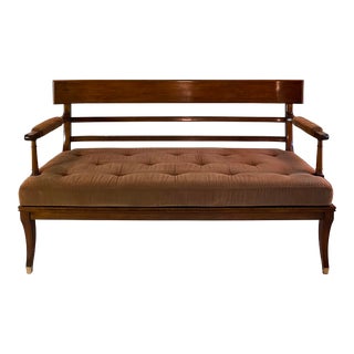 Late 20th Century British Colonial Bench with Velvet Button Tufted Cushion For Sale