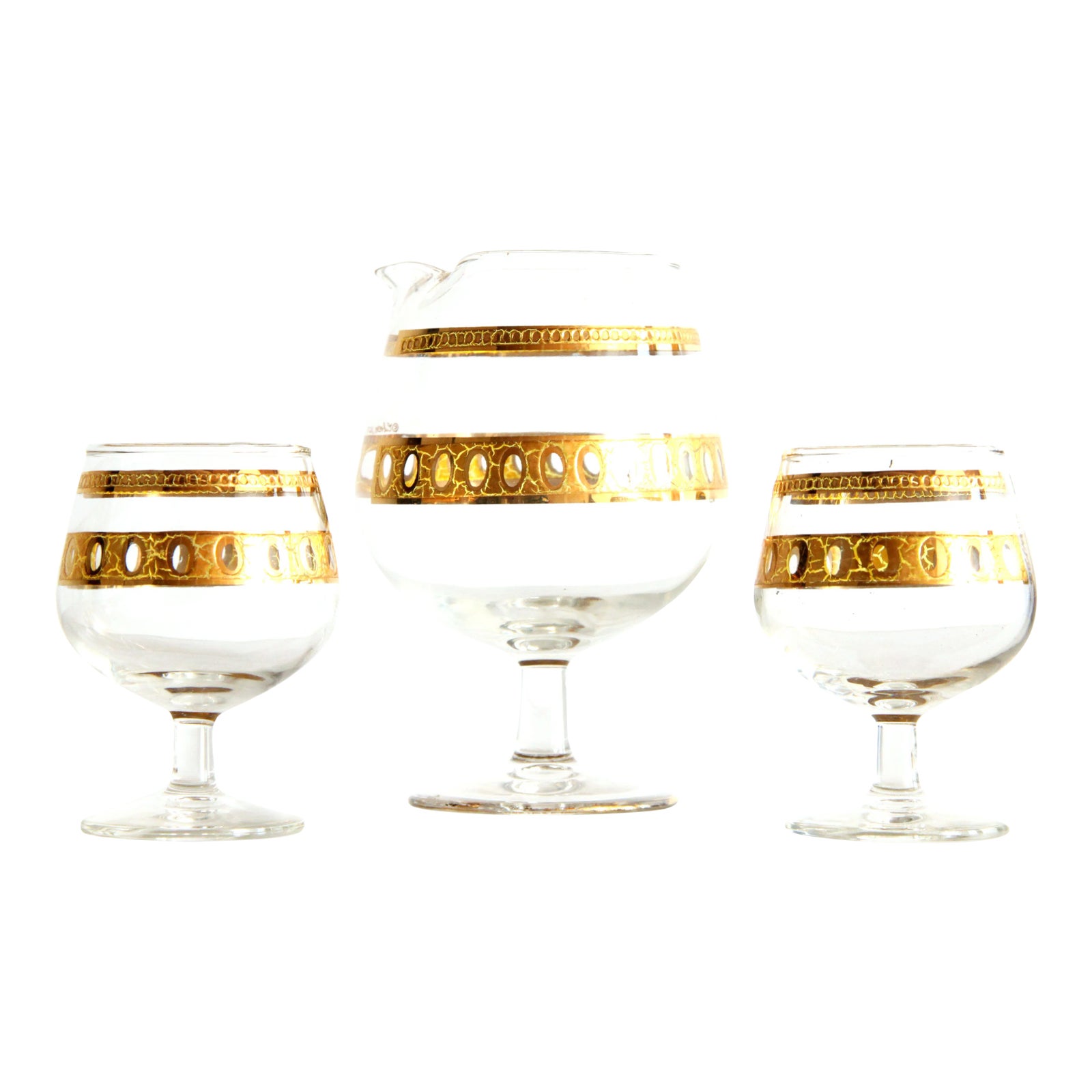 Mid Century Modern Culver Antigua Gold Gilded Cocktail Pitcher & Pair of Glasses