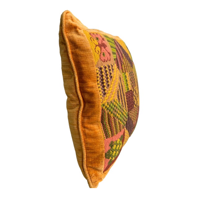 Vintage Handmade Bargello Needlepoint Embroidered Decor Pillow 14” X 14” Wool Yarn Back to Velvet Mustard Green Bronze For Sale