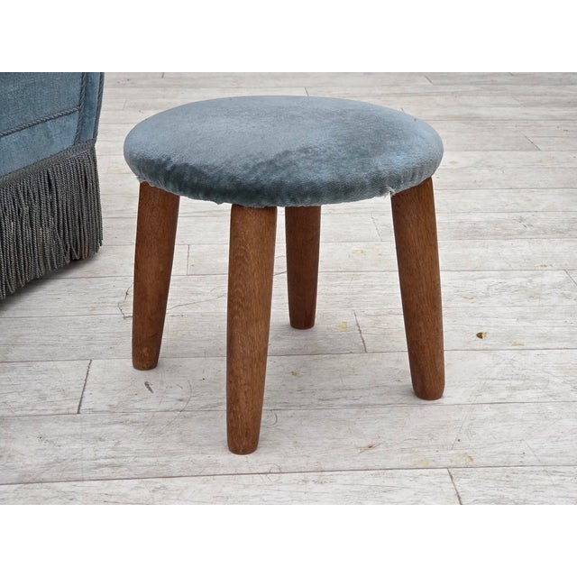 Mid-Century Modern Set of Vintage Danish Chair with Ottoman in Blue Furniture Velour and Oak, 1960s For Sale - Image 3 of 18
