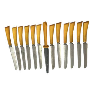 Vintage Butterscotch Bakelite Stainless Knives With Sharpener- 12 Pieces
