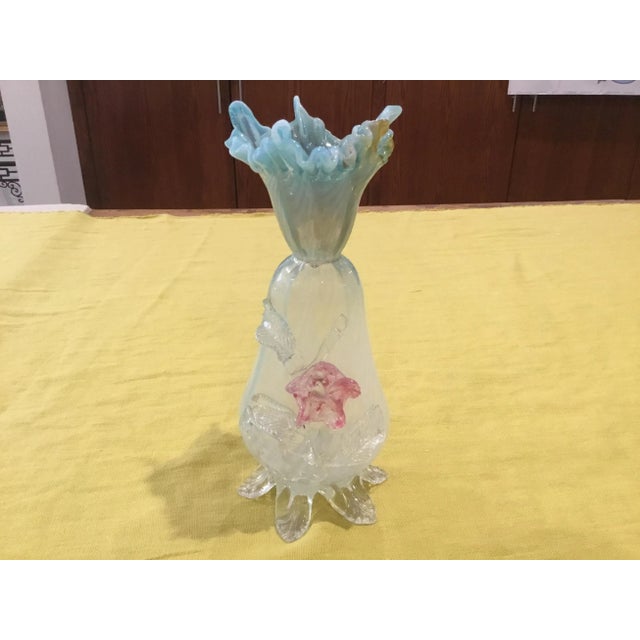 1940s Murano Glass Vase With Pedestal Bottom Legs and Glass Flower and
