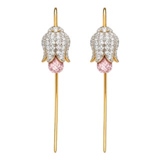 Silver, Gold Lily Flower Earrings With Pink Quartz Briolettes, Pair For Sale
