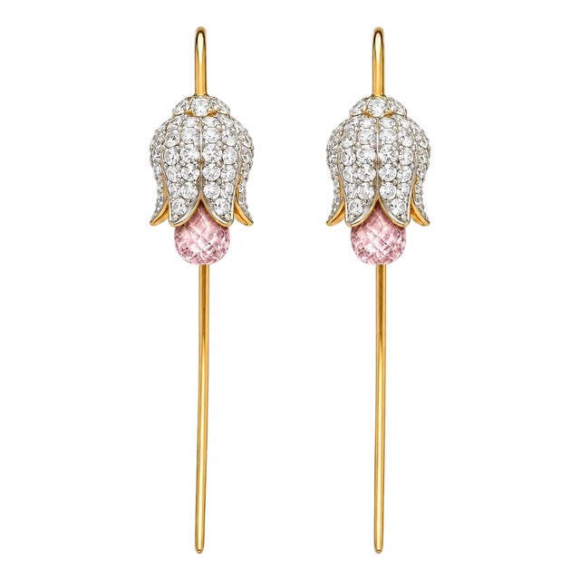 Silver, Gold Lily Flower Earrings With Pink Quartz Briolettes, Pair For Sale