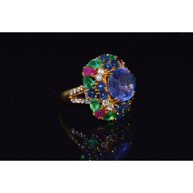 Gia Natural 11.84cts vs F Diamond No Heat Sapphire Ruby Emerald 18k Gold Dinner Cocktail Ring, Size 6.75 For Sale - Image 11 of 13