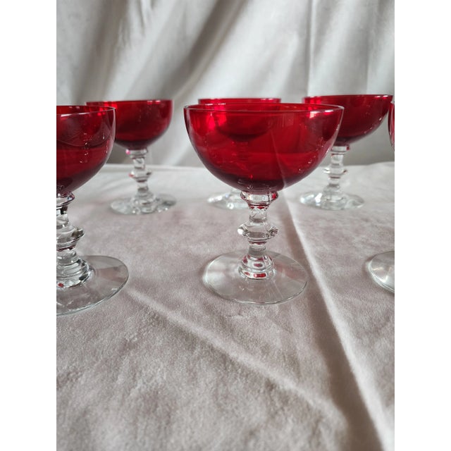 Red Set of Eight Vintage Ruby Red With Clear Faceted Stems Champagne Glasses For Sale - Image 8 of 8