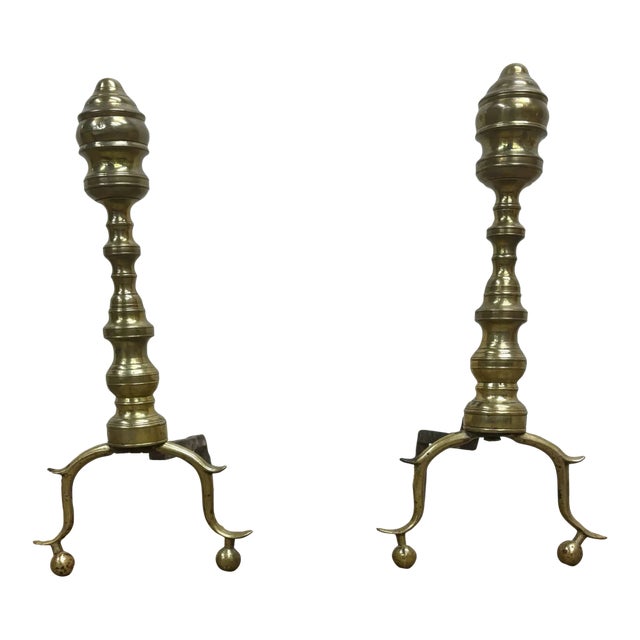Vintage Queen Anne Style Brass and Iron Andirons With Ball Feet For Sale