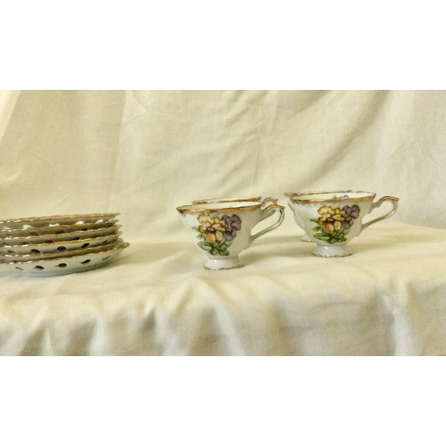 Mid 20th Century Yellow and Purple Pansies Tea Cups and Saucers Set- 10 Pieces For Sale - Image 11 of 13