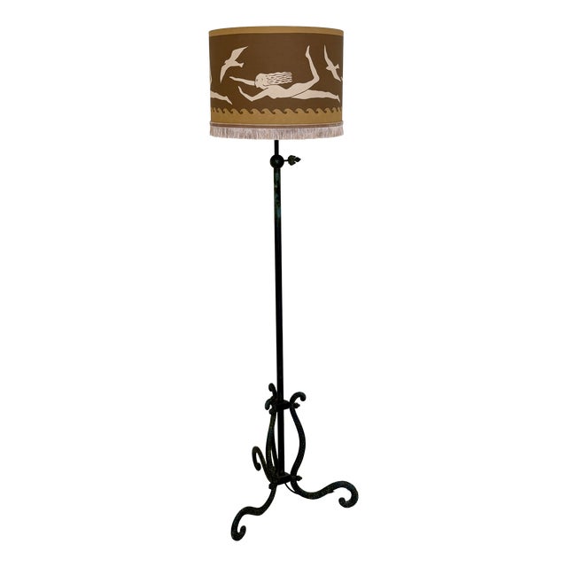 Vintage Wrought Iron Floor Lamp in the style of Armand-Albert Rateau, 1940s For Sale