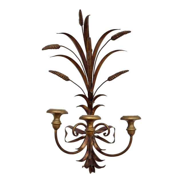 Vintage Gilt Sheaf of Wheat 3-Arm Candle Sconce For Sale