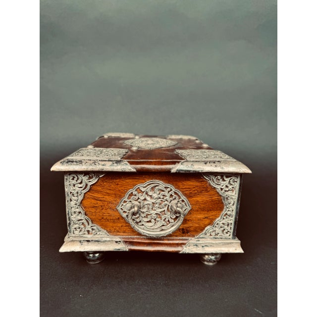 Asian Antique 19th Century Tibetan Silver Mounted Wooden Box For Sale - Image 3 of 8