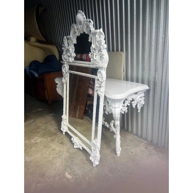 French 1950s Large White Lacquer Marble Top Console Table and Mirror French Style For Sale - Image 3 of 10
