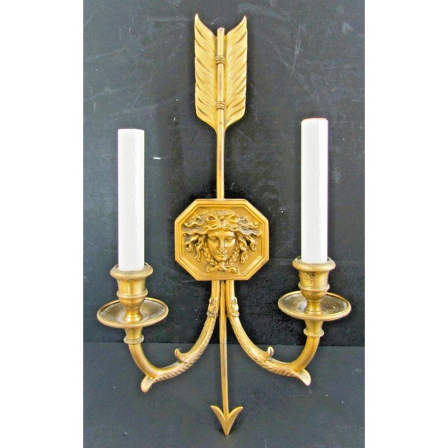 French Pair French Empire Wall Sconces Bronze Arrow Medusa and Shades Late 19th Century For Sale - Image 3 of 18