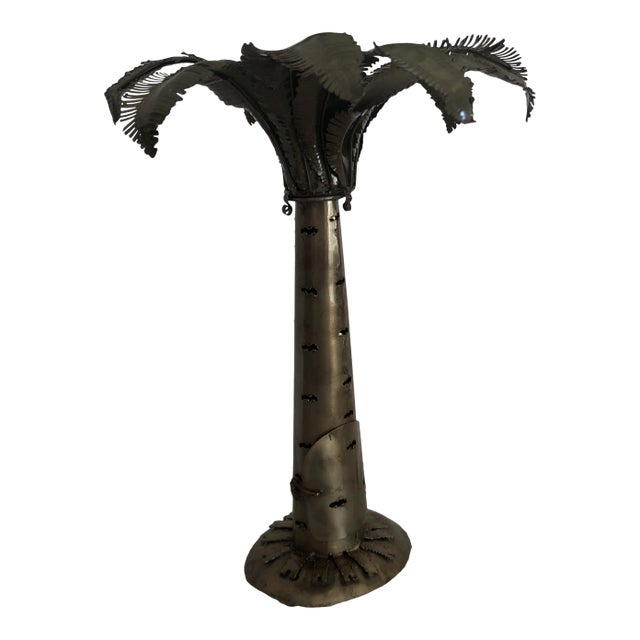 Vintage Pierced Metal Palm Tree Candle Holder For Sale
