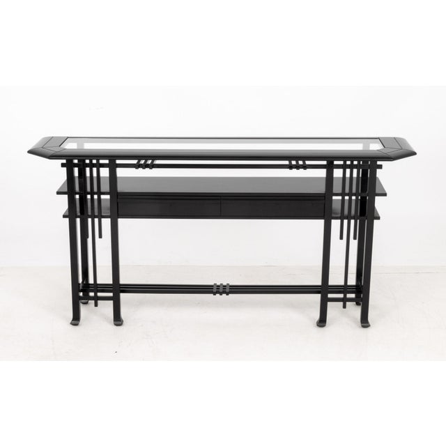 Umberto Asnago for Giorgetti "Galaxy" Console Table, 1980s, black lacquered wood and glass. 34.75" H x 72" W x 17" D....