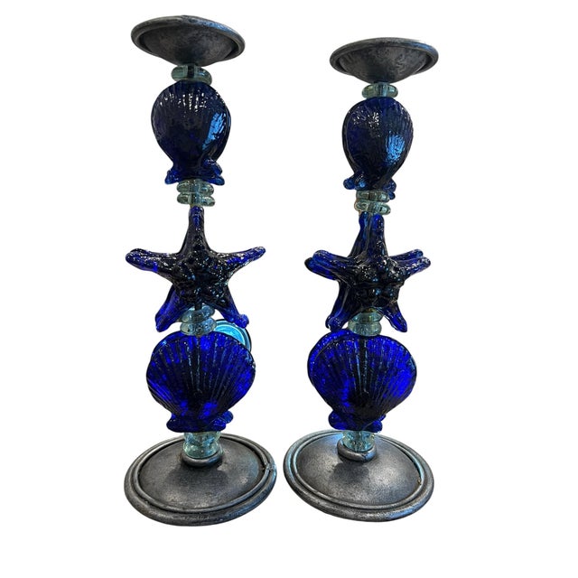 Pair of Heavy Cobalt Blue Art Glass Candlesticks 13" Tall For Sale - Image 11 of 12