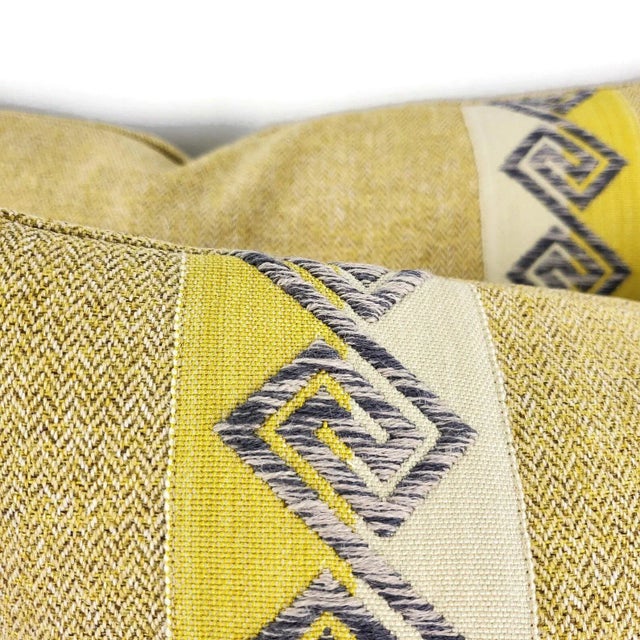 Yellow and Tan Mini Herringbone Embellished With Gray and Gold Fretwork Trim Pillow Cover with Kelly Wearstler Trim For Sale - Image 4 of 7
