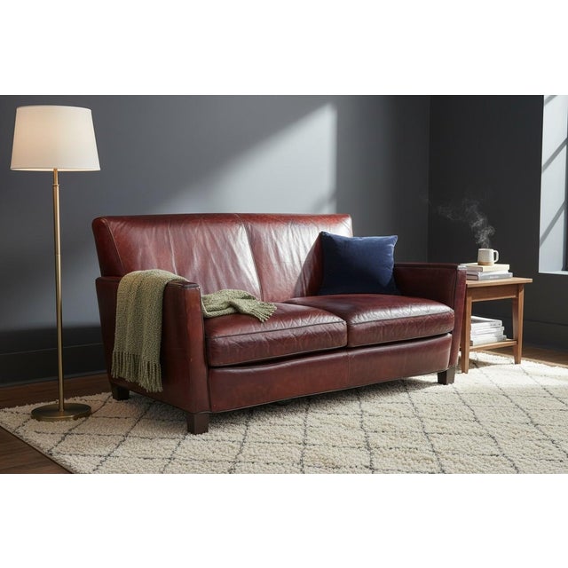 Mid-Century Modern Crate & Barrel Vintage Hand-Dyed Burgundy Leather Loveseat With Rich Patina and Sloped Arms For Sale - Image 3 of 15