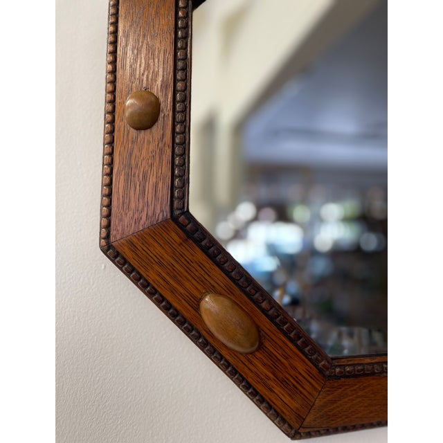 1910s Antique Arts and Crafts Octagonal Beveled Mirror With Carved Oak Frame and Decorative Wood Peg Inlays For Sale - Image 5 of 8