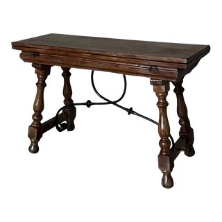 20th Century Spanish Console Fold Out Farm Table With Iron Stretcher For Sale