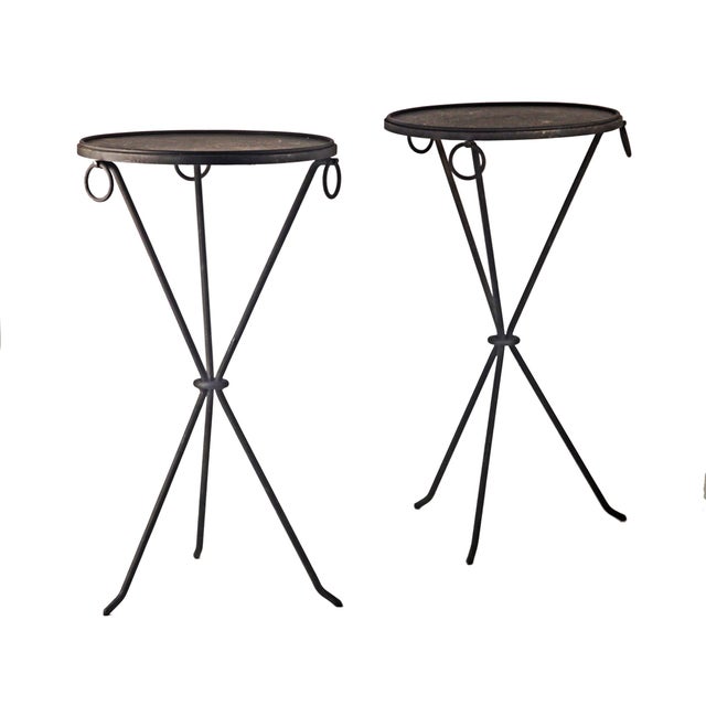 Pair of mid-20th century unmarked wrought iron guéridon tables designed by Jean Michel-Frank for the company Comte S.A....