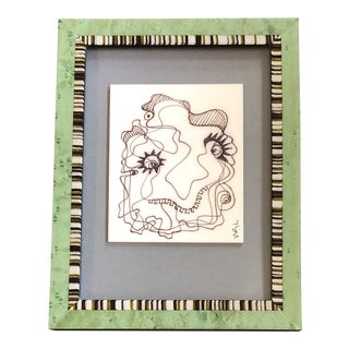 Original Vintage Wayne Cunningham Small Abstract Ink Drawing Framed Vintage Italian Frame For Sale