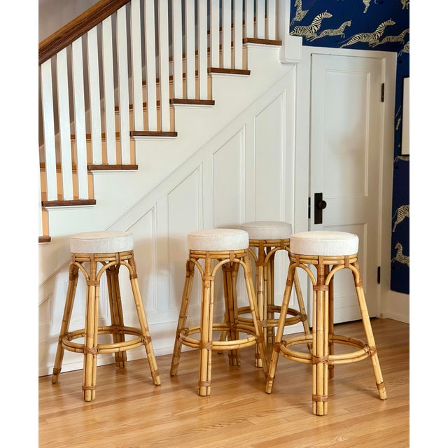 1970s 1970s Calif-Asia Natural Honey Rattan Round Barstools - Set of 4 For Sale - Image 5 of 10