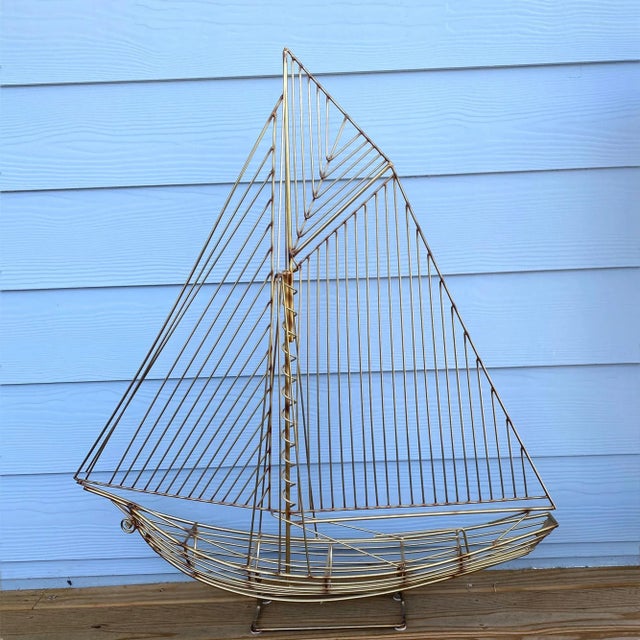 1982 Curtis Jere Free Standing Metal Wire Sailboat Ship Sculpture