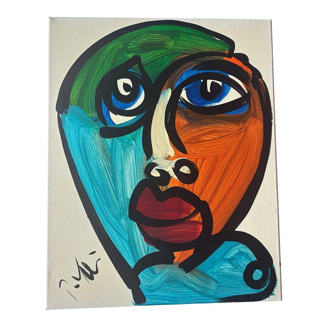 Late 20th Century Original Peter Keil Abstract Portrait Acrylic Painting on Canvas For Sale