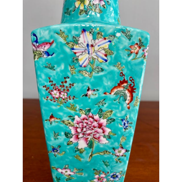 Hollywood Regency 1950s Chinese Turquoise Glazed Porcelain Vase Lamp With Hand-Painted Floral Design For Sale - Image 3 of 7