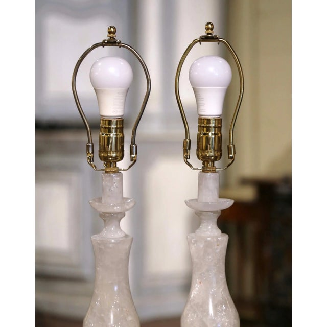 White Pair of Carved Rock Crystal Table Lamps on Acrylic Bases For Sale - Image 8 of 9