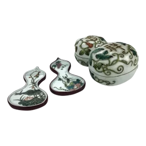 Chinese Antique Hand Painted Nesting Porcelain Poetry Trays in Silk Box
