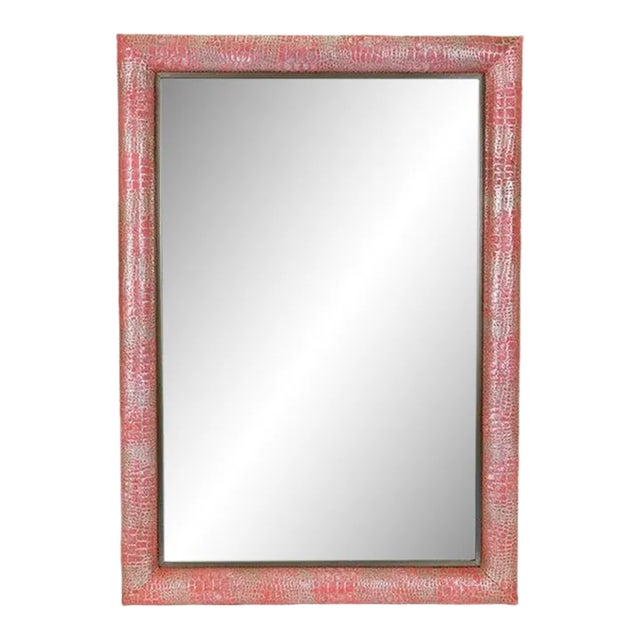 Klasp Home Framed Salmon Crocodile Embossed Cowhide Mirror For Sale