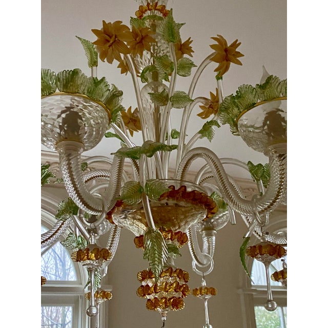Hand Blown Murano Glass Chandelier with multicolor hand blown flowers and leaves.