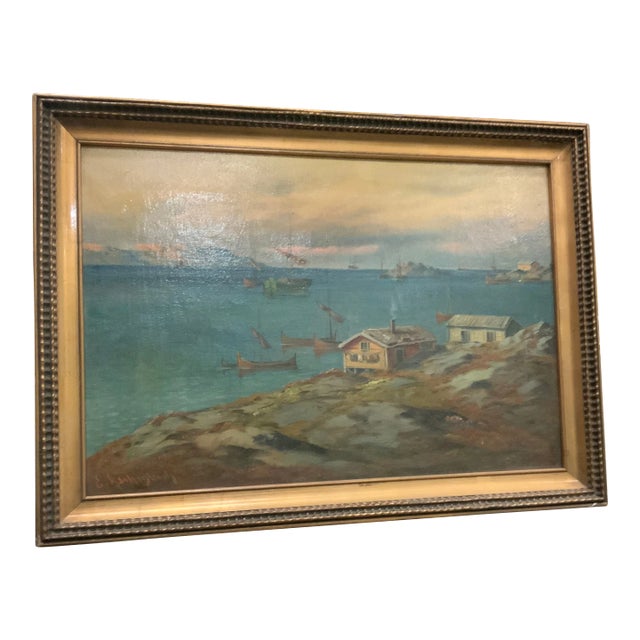 Early 20th Century Swedish Small Harbor Painting, Framed For Sale