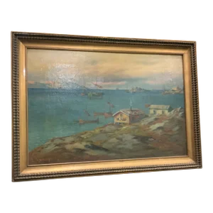 Early 20th Century Swedish Small Harbor Painting, Framed