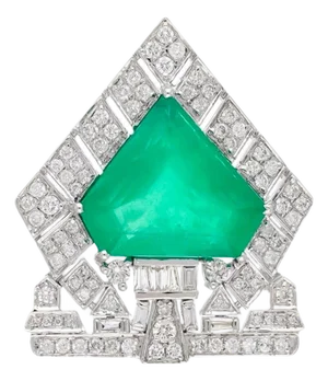 7 Ct Natural Emerald 1 Ct Brilliant cut Diamond Brooch /Pin 18 Kt White Gold