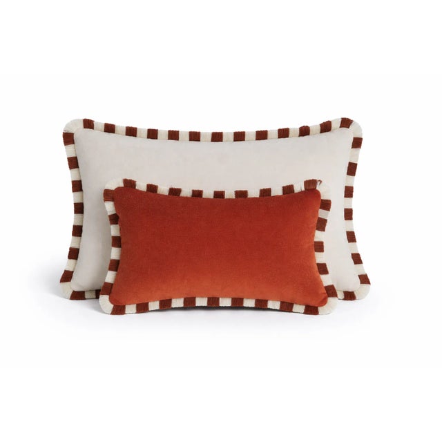 Bicolor White Velvet Cushion with Brick and White Fringes from Lo Decor For Sale - Image 4 of 9