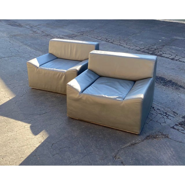 Modernist Minimalist Blu Dot "Couchoid" Faux Leather Lounge Chairs, a