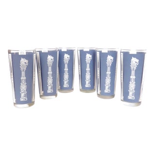 1960s Equestrian Blue & White Highball Glassware, Set of 6 For Sale