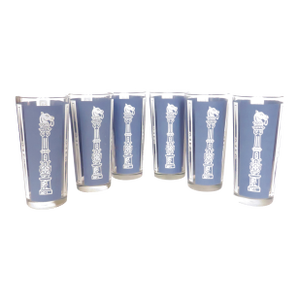 1960s Equestrian Blue & White Highball Glassware, Set of 6