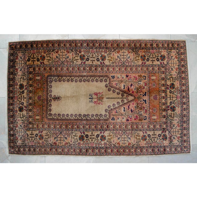 Vintage Hand-Knotted Turkish Rug Prayer Rug Super Fine Wool Rug Wall Decor Religious Tapestry 3x5 Ft Approx For Sale - Image 13 of 18