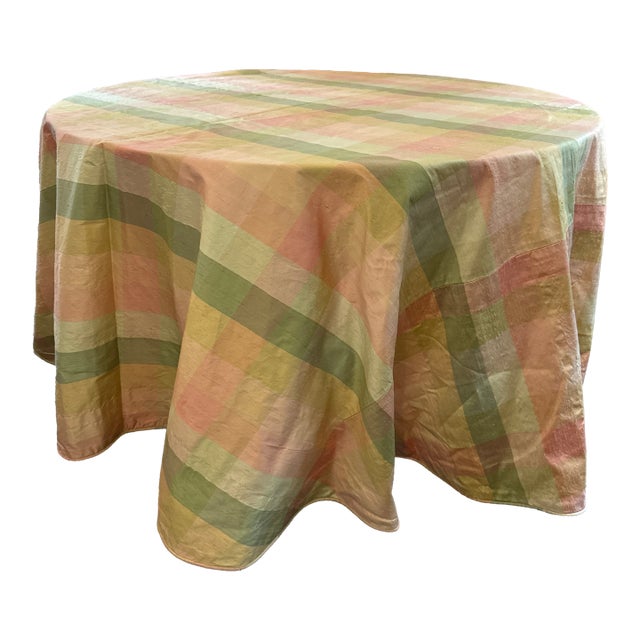 1960s Silk Taffeta Plaid Round Table Cloth For Sale