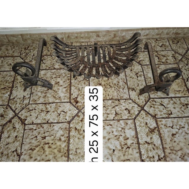 Wrought Iron Fireplace Andirons and Log Basket, Early 20th Century, Set of 3 For Sale - Image 5 of 6