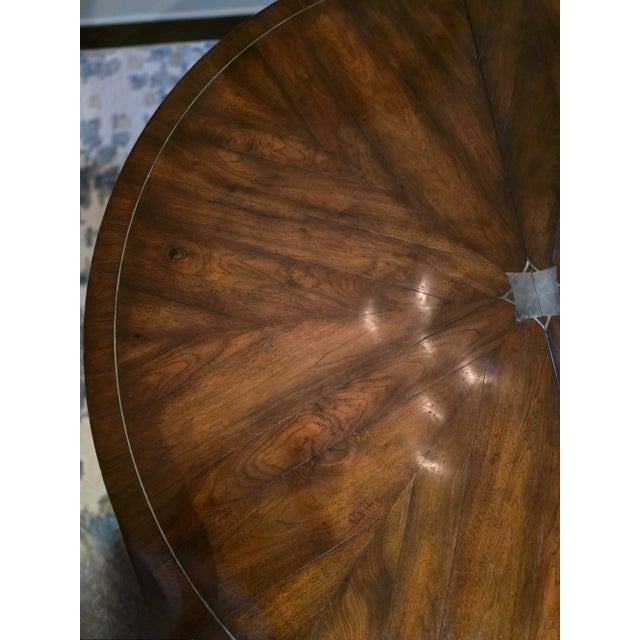 Traditional Expandable Walnut Dining Table With Brass Inlay Details For Sale - Image 3 of 9