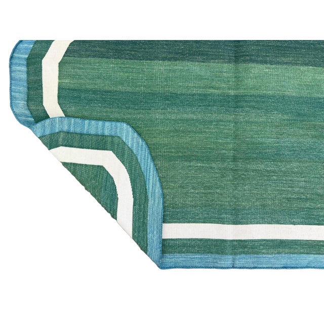 Casa Cosima Handmade Cotton Area Vegetable Dyed Rug, Forest Green, Cream and Teal Blue Scalloped Dhurrie - 5'x7' For Sale - Image 4 of 10