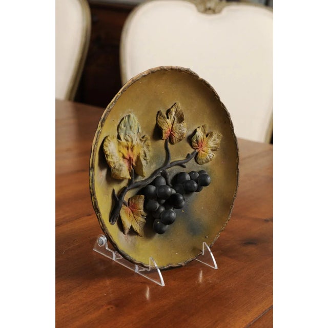 Mustard French 20th Century Wall Hanging Pottery Plate with Black Grapes Motifs For Sale - Image 8 of 11