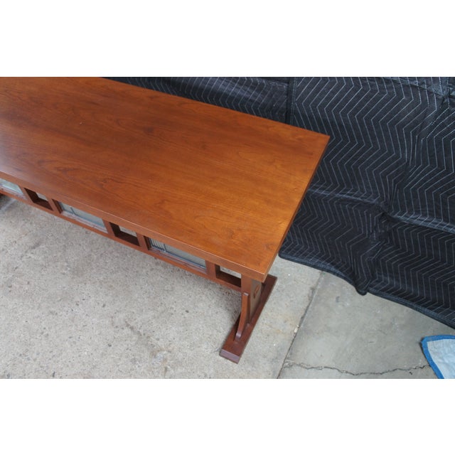 Late 20th Century Mission Arts & Crafts Leaded Stained Glass Cherry Console Hall Sofa Table 72" For Sale - Image 10 of 14